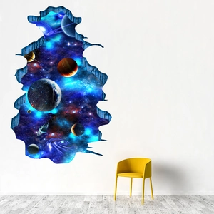 3D outer space cracked wall sticker featuring planets and galaxy for room decor