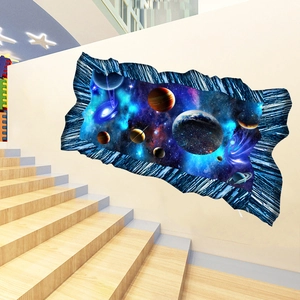 3D outer space wall sticker with planet and nebula view on a modern staircase wall