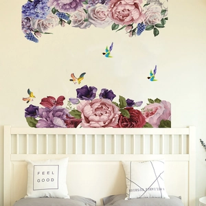 Pegatinas de pared de peonías y pájaros autoadhesivas con rosas para el dormitorio