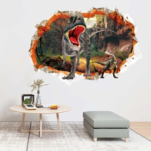 3D dinosaur wall sticker decal creating a broken wall effect in a modern living room