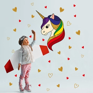 Colorful unicorn and glitter heart wall stickers decor for kids bedroom with child model