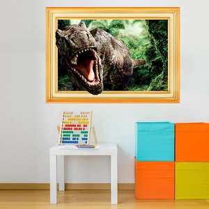 Detail eines 3D T-Rex Wandtattoos, das durch einen goldenen Rahmen bricht, für Deko