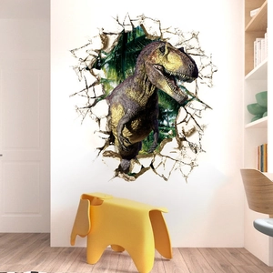 Realistischer 3D Dinosaurier Wandsticker bricht durch weiße Wand mit Dschungelmotiv