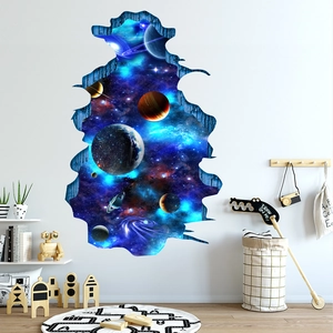 Detail of 3D galaxy wall sticker showing deep space planets through a cracked wall effect