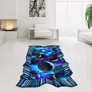 Detail view of a 3D outer space area rug featuring Earth and colorful nebula patterns