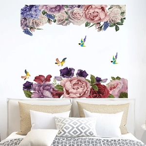 Pegatinas de pared de peonías y pájaros PVC autoadhesivas para decoración de dormitorio