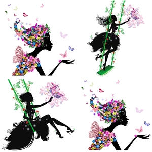 Floral butterfly fairy wall decals with elegant female silhouettes for home decor