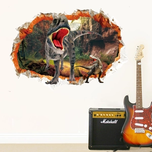 3D realistic dinosaur wall decal detail showing T-Rex crashing through white interior walls