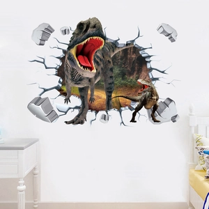 Detailansicht der 3D-Dinosaurier-Wandaufkleber mit Risseffekt und Waldlandschaft