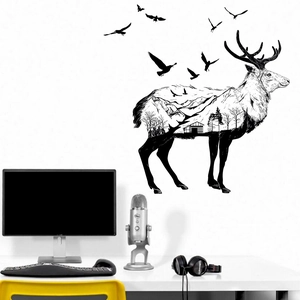 Artistic elk wall sticker with forest silhouette and flying birds for home decor