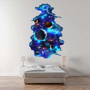 Detailed view of 3D cracked wall space sticker showing Earth and Jupiter in a bedroom