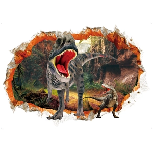 3D dinosaur wall sticker with broken wall effect showing jurassic forest for kids room