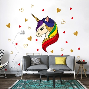Unicorn and golden stars wall stickers for kids bedroom decor with rainbow accents