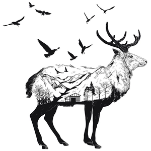 Detail of deer silhouette wall sticker featuring mountain and forest landscape artwork
