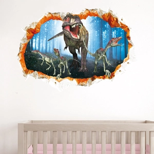 3D dinosaur wall sticker with T-Rex breaking through wall for kids bedroom decor