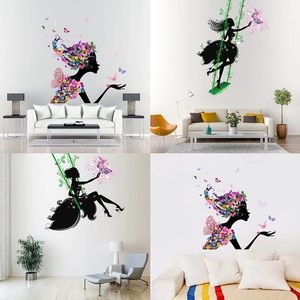 Butterfly Flower Fairy Silhouette Wall Sticker Waterproof PVC Decal Romantic Floral Fairy On Swing DIY Home Wall Decor
