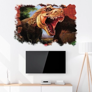 Realistischer 3D-T-Rex-Wandaufkleber bricht durch Backsteinmauer für Wohnzimmer Deko