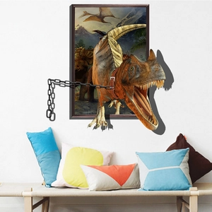 Detailed 3D wall sticker featuring a realistic dinosaur breaking through a white picture frame