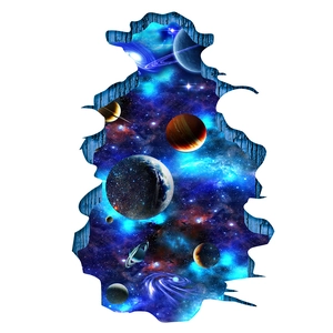 3D outer space wall sticker with Earth and planets emerging from a broken wood frame