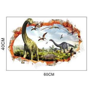 Macro-weergave van 3D dinosaurus muursticker 60x40cm met realistisch gebarsten muureffect