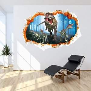 3D broken wall dinosaur wall sticker with T-Rex in forest for living room decor