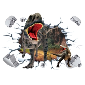 3D-Dinosaurier-Wandaufkleber mit realistischem Mauerdurchbruch-Effekt und Wald-Hintergrund