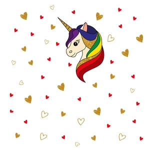 Cartoon unicorn wall decal with rainbow mane and golden glitter stars for kids room