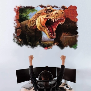 Detaillierter 3D-Wandtattoo mit T-Rex-Durchbruch durch Ziegelmauer für Spielzimmer-Deko