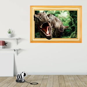 3D T-Rex Dinosaurier Wandtattoo mit Dschungelhintergrund im realistischen Goldrahmen