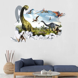 3D broken wall dinosaur wall sticker with T-Rex and Triceratops for modern living room decor