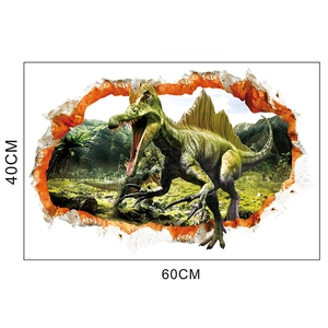 Detailed 60x40cm 3D wall sticker featuring a realistic dinosaur breaking through the wall