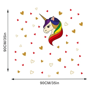 Detailed dimension layout of unicorn and heart wall sticker showing 90x90cm size