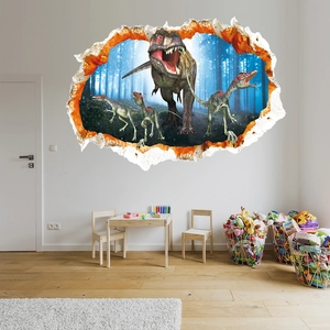 3D dinosaur wall sticker with T-Rex breaking through wall for kids bedroom decor