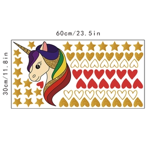 Detail view of unicorn wall sticker layout with gold stars and hearts, 60x30cm sheet