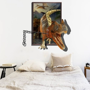 Detailed 3D dinosaur wall decal showing a Carnotaurus breaking through a frame with chains
