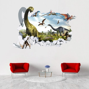 Detailed 3D broken wall dinosaur sticker showing realistic forest and dinosaurs on white wall