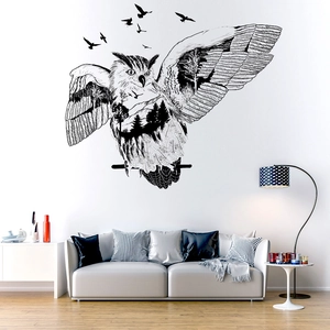 Artistic owl silhouette wall decal featuring double exposure forest and birds landscape