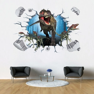 Detail of 3D dinosaur wall sticker with T-Rex breaking through wall in a modern living room