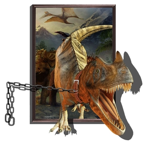 3D wall sticker featuring predatory dinosaurs and chains with a realistic broken wall effect