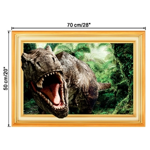 Detailansicht der 3D T-Rex Dinosaurier-Wandkunst 70x50cm mit goldenem Vintage-Rahmen