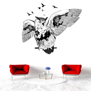 Minimalist forest owl wall sticker with mountain landscape in modern living room decor