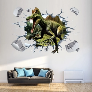 3D dinosaur wall sticker with realistic wall-breaking effect and forest background for room decor