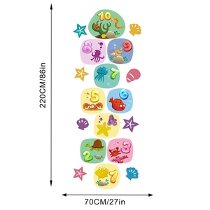 Marine animal hopscotch wall stickers for kids room with 1-10 numbering and size guide
