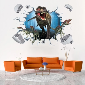 3D wall sticker featuring a T-Rex breaking through the wall into a dense blue forest