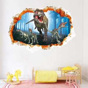 Realistic 3D dinosaur wall sticker with T-Rex breaking through a forest for kids room