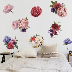 Pegatinas de pared de rosas y peonías pintadas a mano para decorar salón y alcoba