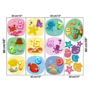 Detailed layout of marine animal hopscotch wall stickers with numbers and dimensions