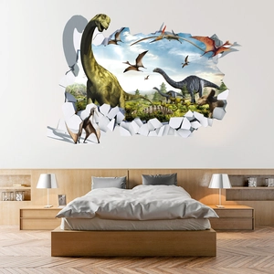 3D broken wall effect dinosaur wall sticker featuring Brachiosaurus in a kid bedroom