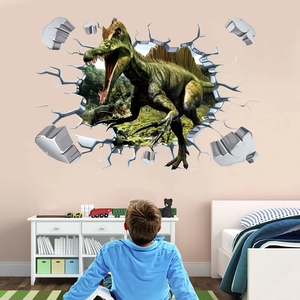 Detailed 3D dinosaur wall sticker showing Spinosaurus breaking through a brick wall
