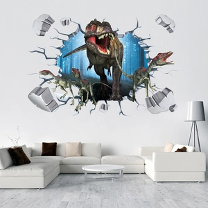 3D dinosaur wall sticker with T-Rex and raptors breaking through wall for kids room
